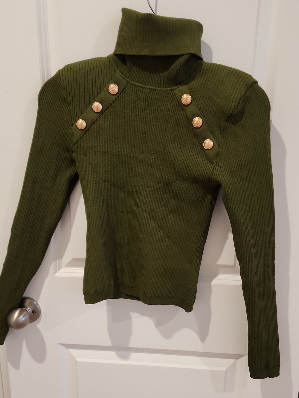 Olive Ribbed Turtleneck Sweater with Gold Buttons - Women